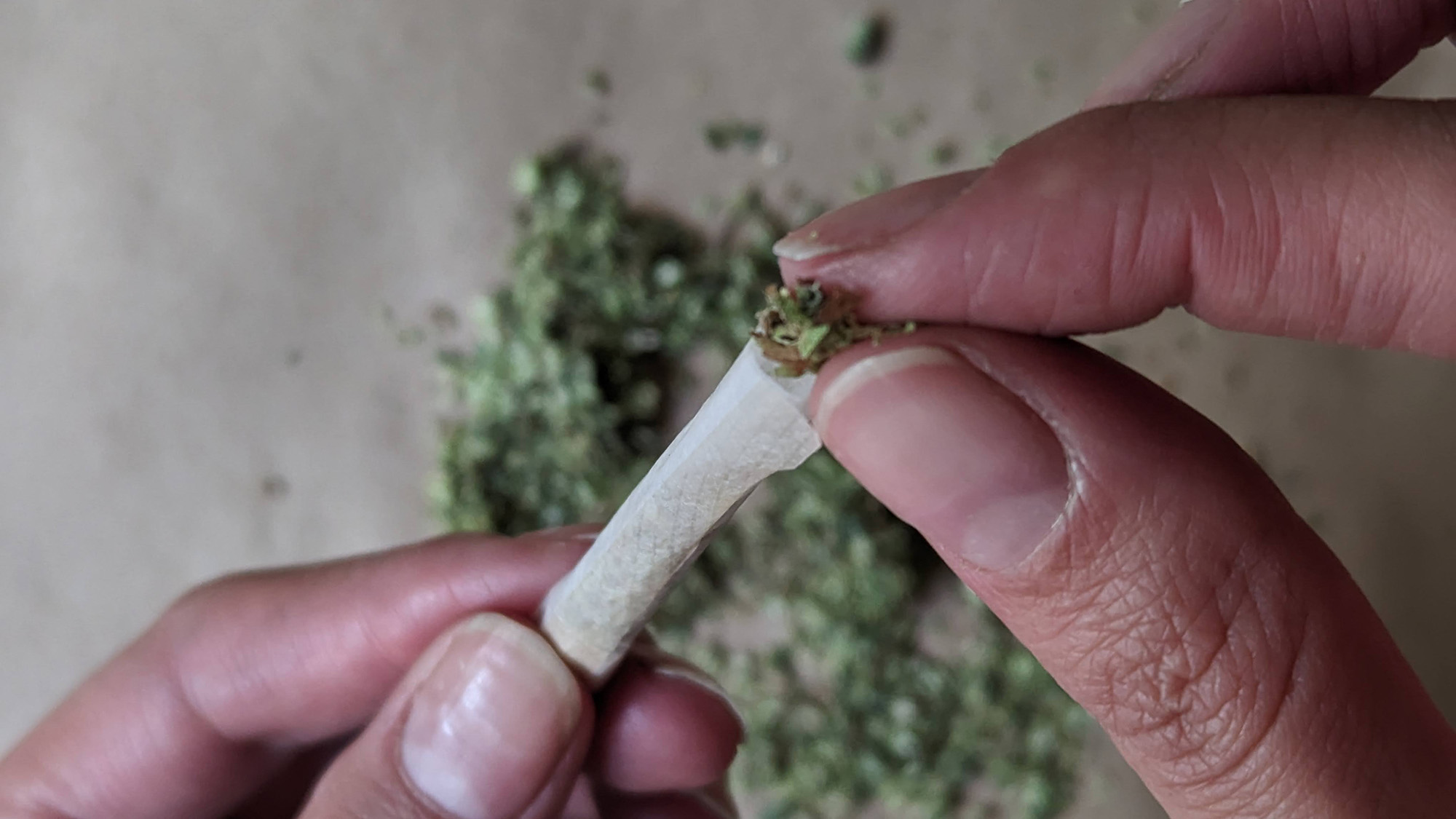 Hand holding a joint while the other stuffs more weed into it.