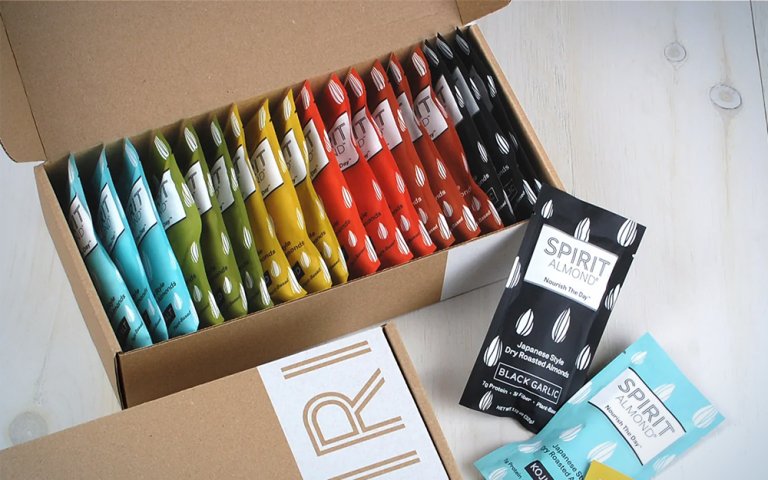 A variety pack of Spirit Almonds in a box