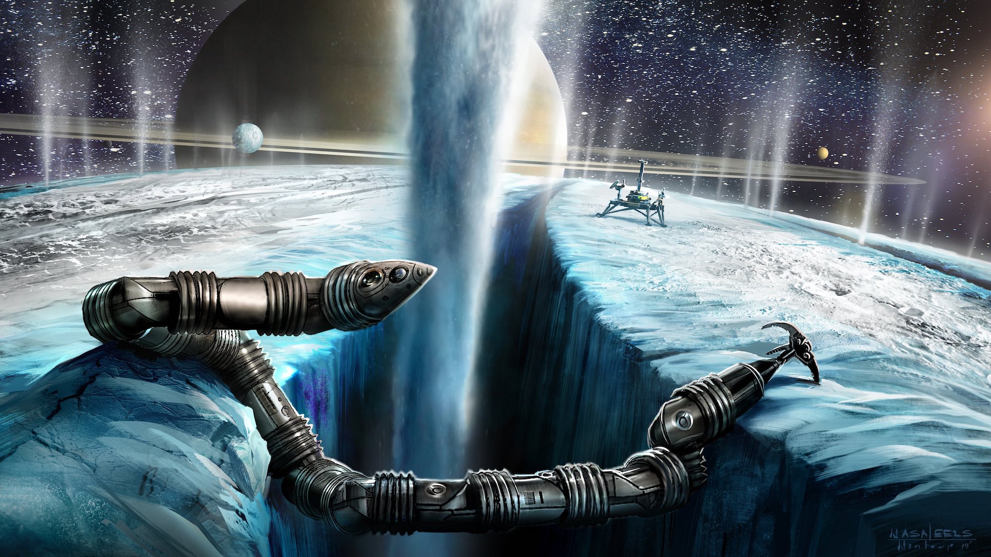Concept art of NASA EELS snake robot on icy surface of Saturn's moon, Enceladus