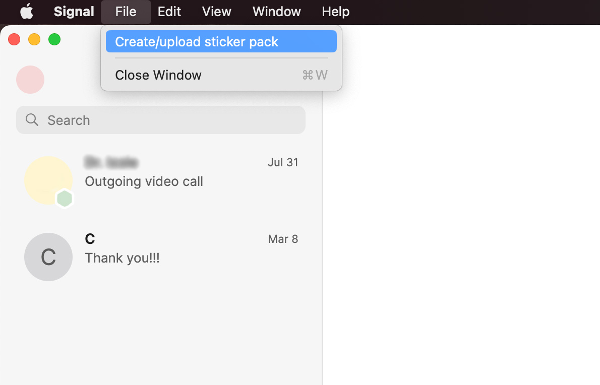 Signal menu showing how to create a new sticker pack.