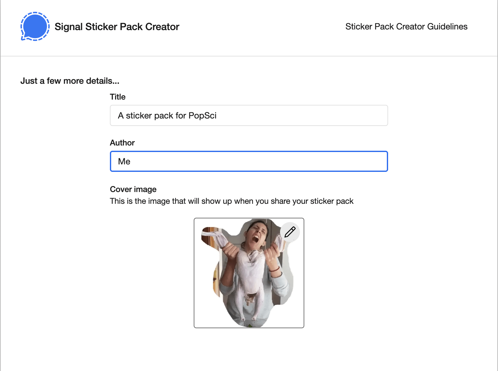 Naming sticker pack on Signal's sticker creator.