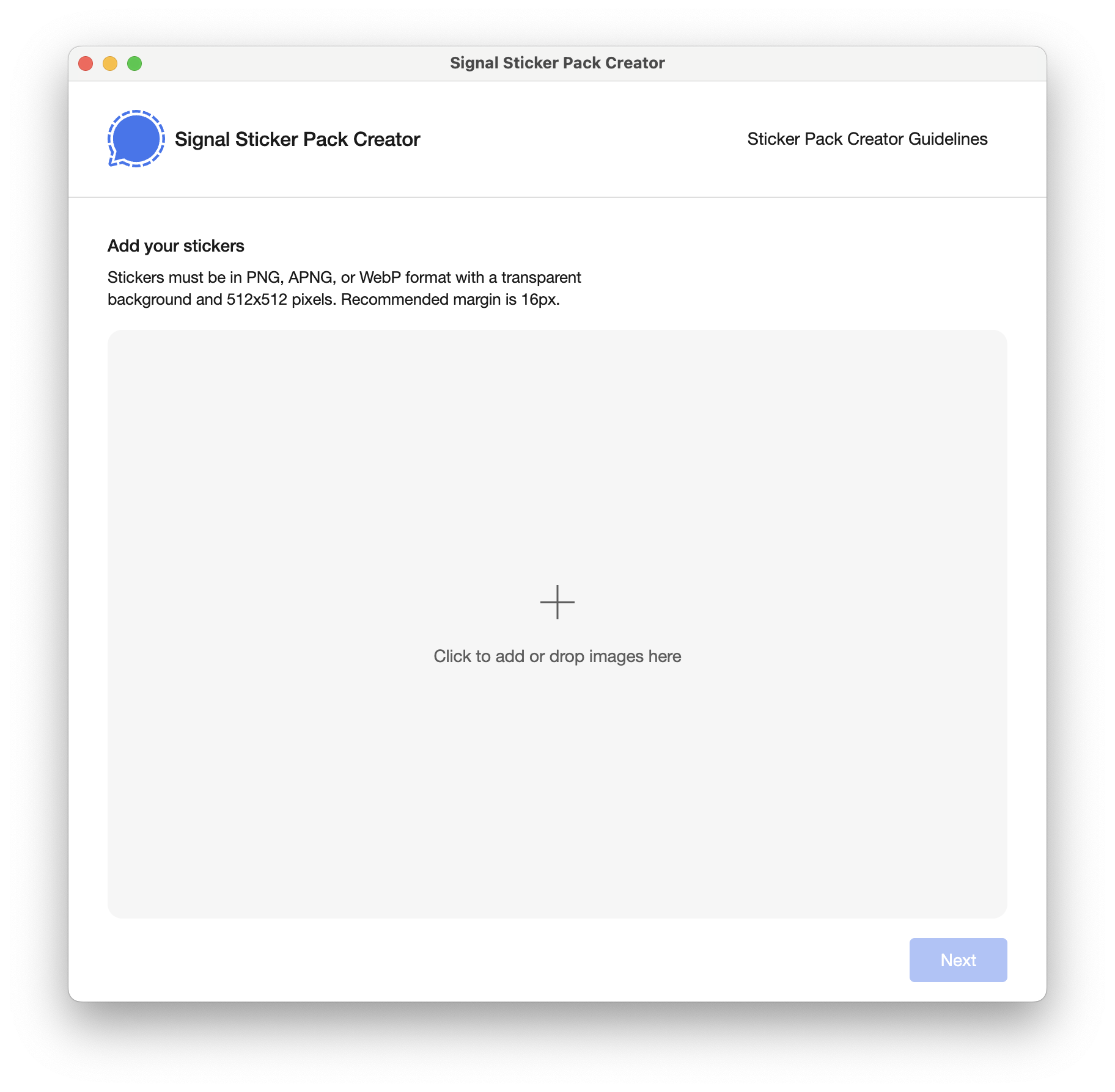 Signal's sticker pack creator on desktop interface.