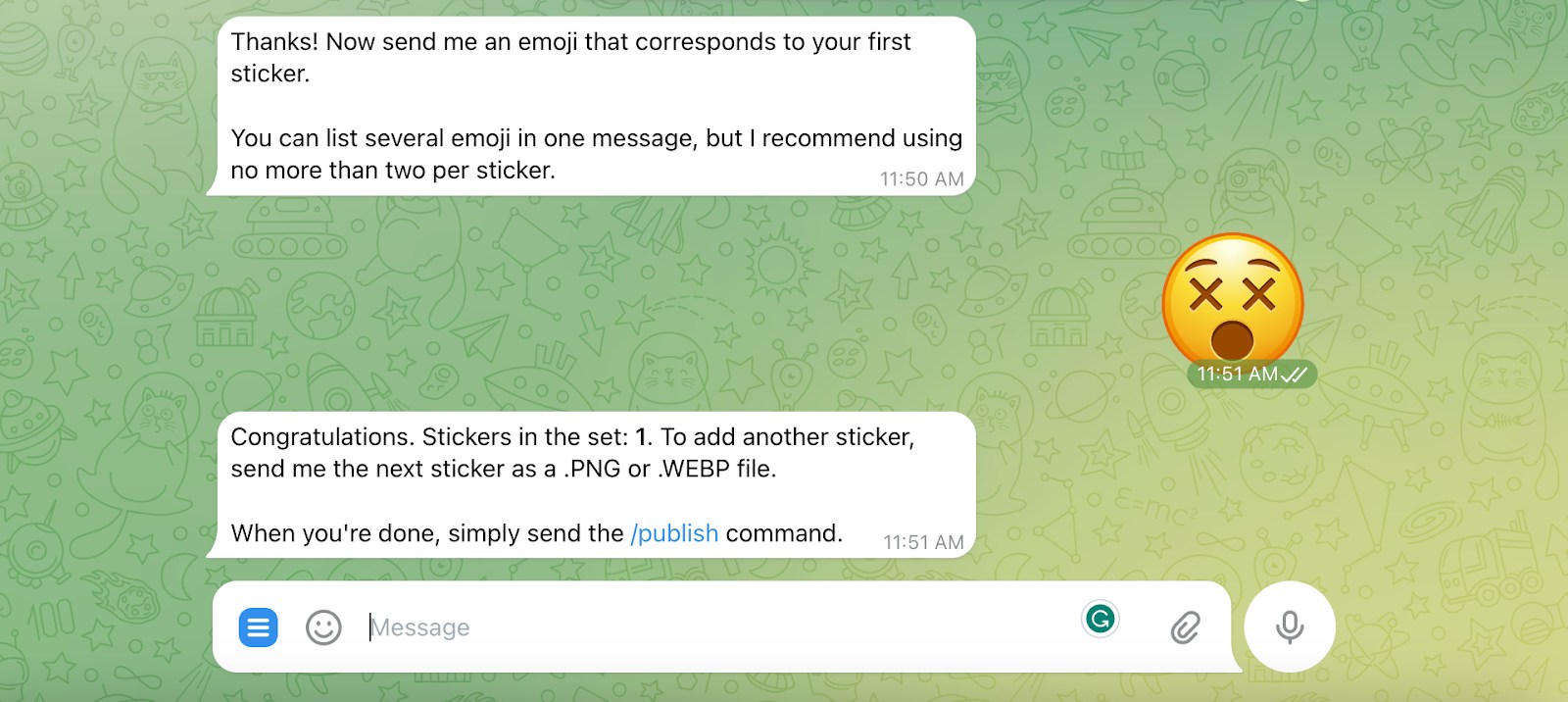 Telegram's sticker bot asking a user to add an emoji to their exported WhatsApp sticker.