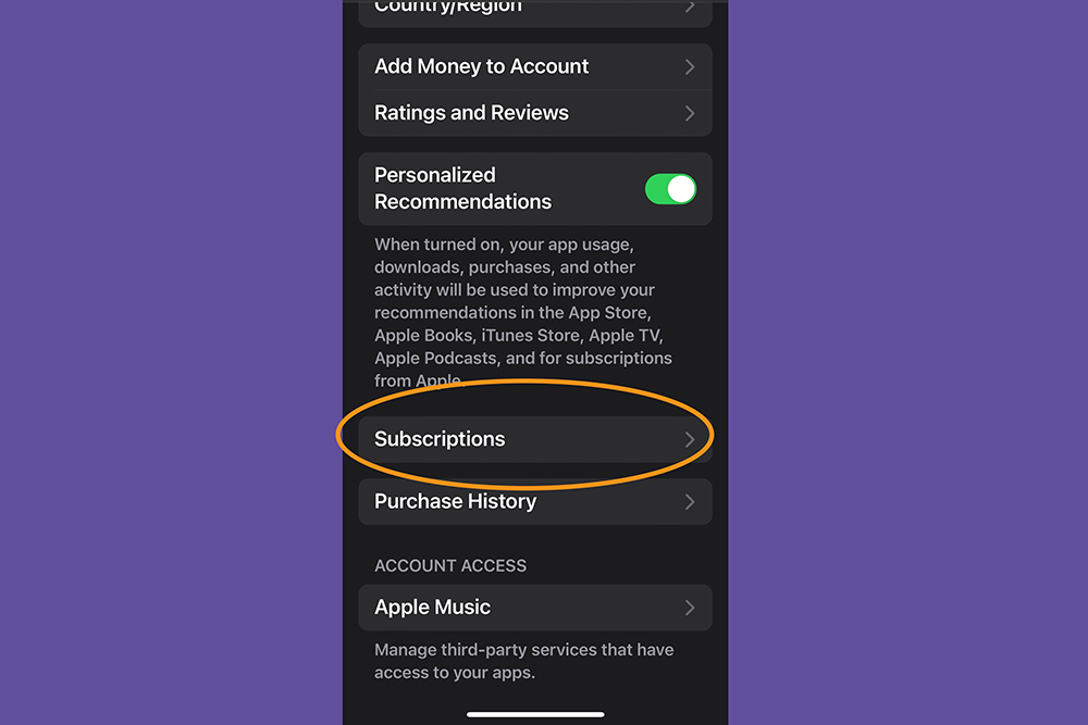The iOS settings app, with Subscriptions highlighted.