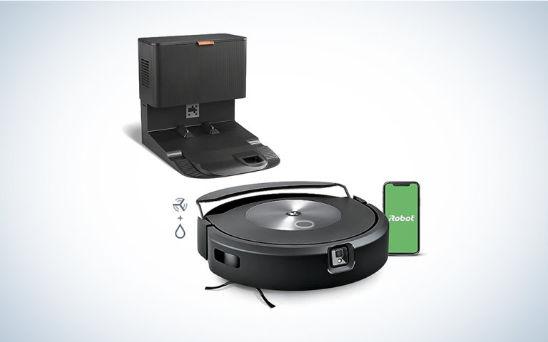 A black RoombaCombo j7+ Robot Vacuum and Mop on a blue and white background