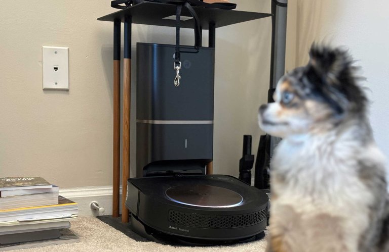 Black iRobot Roomba s9+ robovac sitting underneath a plant stand next to a small Australian shepherd