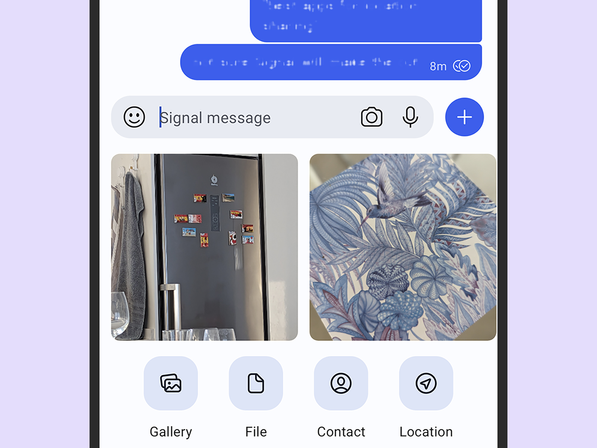 The Signal messaging app, showing options including how to share your location.