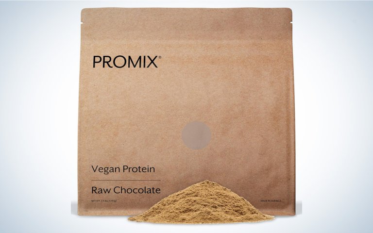 Promix vegan protein with a pile of powder