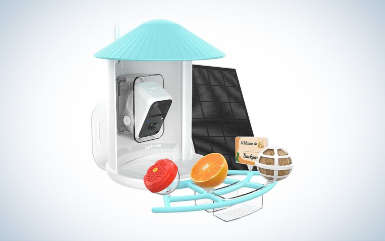 The blue and white Netvue Birdfy Pro bird feeder camera with accessories against a white background with a gray gradient.