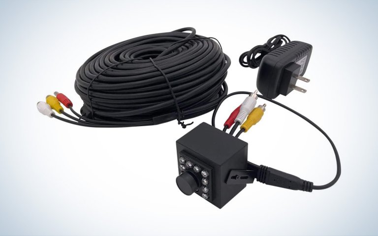 The Hawk Eye HD Nature Cam with included wires against a white background with a gray gradient.