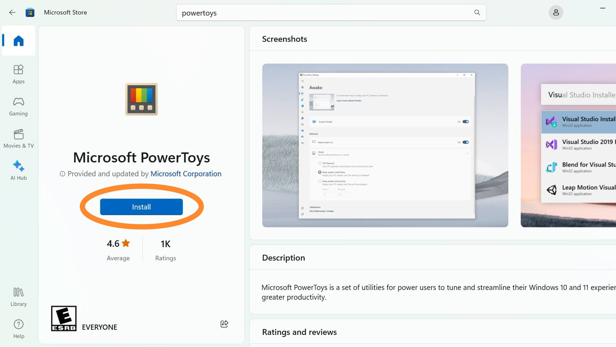 Windows App Store showing the Windows Powertoys app.