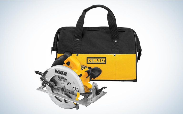 DeWalt DWE575SB 15 Amp Circular Saw on a plain background with its carry bag