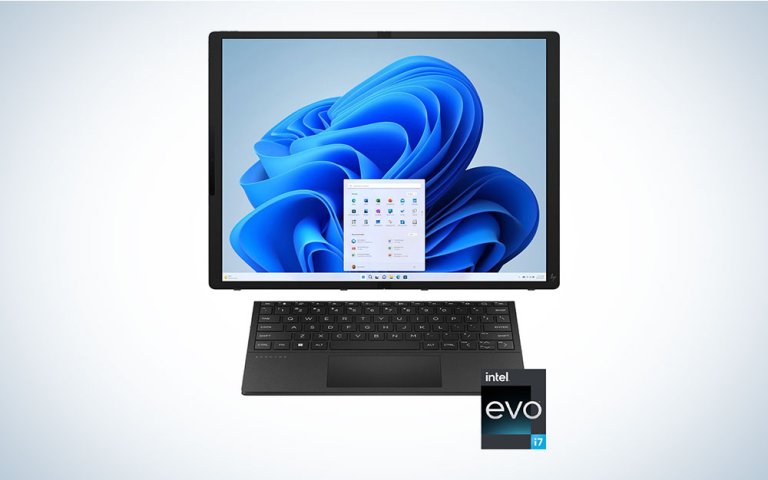 A black HP Spectre 3-in-1 17" 2.5K OLED Touch-Screen Foldable Laptop on a plain background