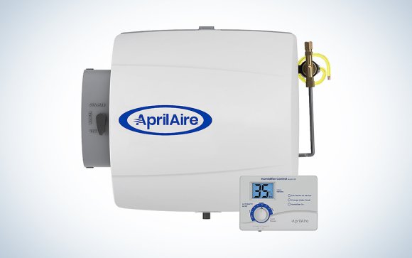 AprilAire 500 Whole House Humidifier over a white background with a gradient