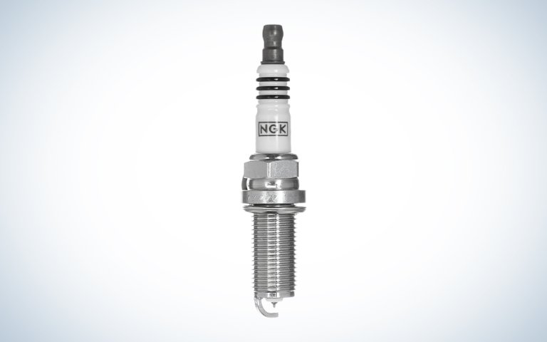 NGK Iridium Spark Plug on a white gradient background