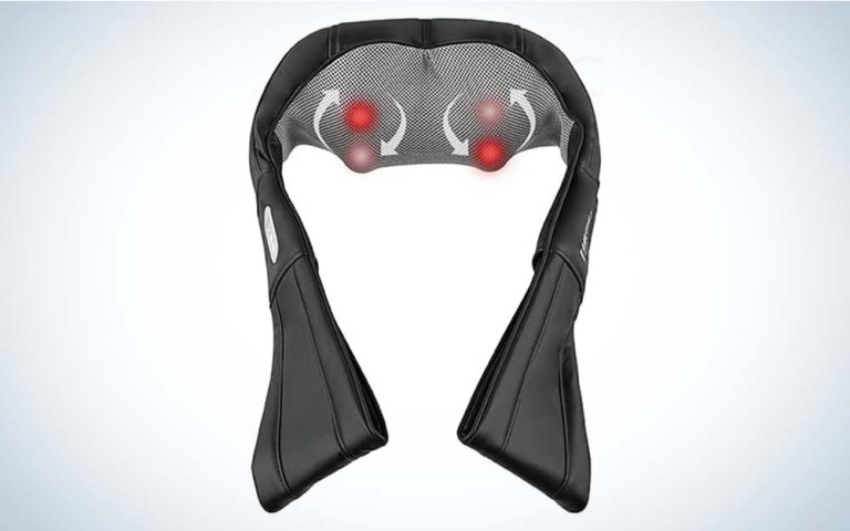A gray neck massager by Homedics that you place around your neck with red panel that provide heat and massage.