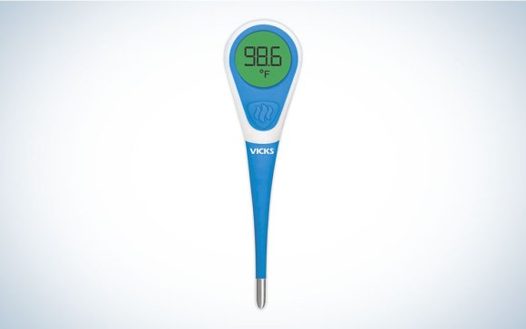 A Vicks ComfortFlex Digital thermometer on a plain background.