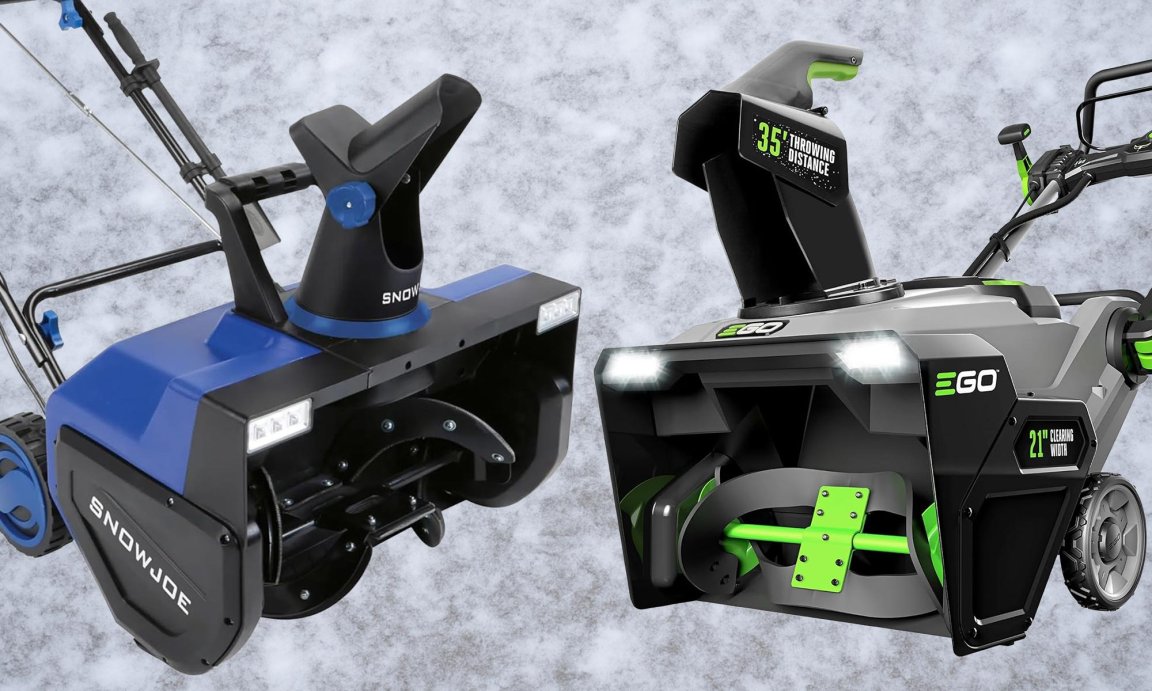 Snow blowers against a snowy backdrop