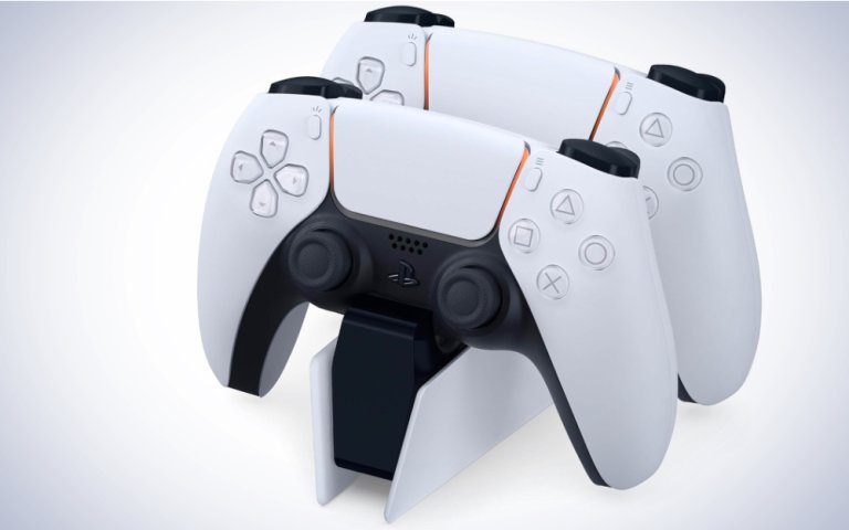 Playstation's DualSense Wireless Charging Station on a plain white background.