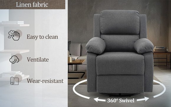 Grey fabric swiveling recliner with 360 degree lines around the base against a grey gradient