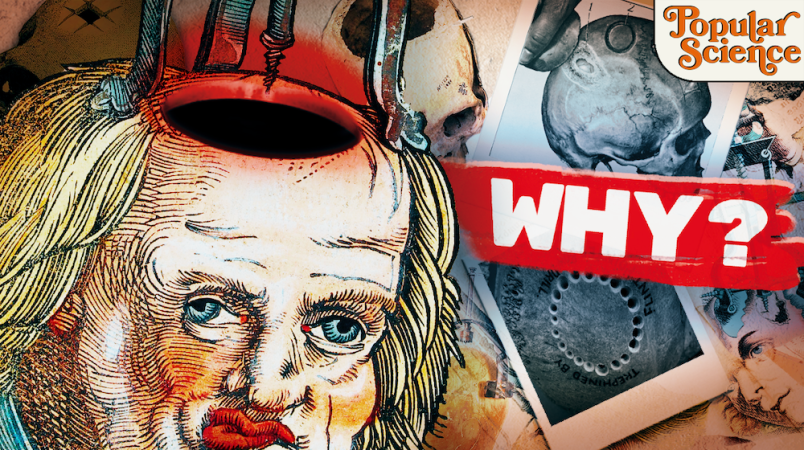 a collage featuring a head being drilled into