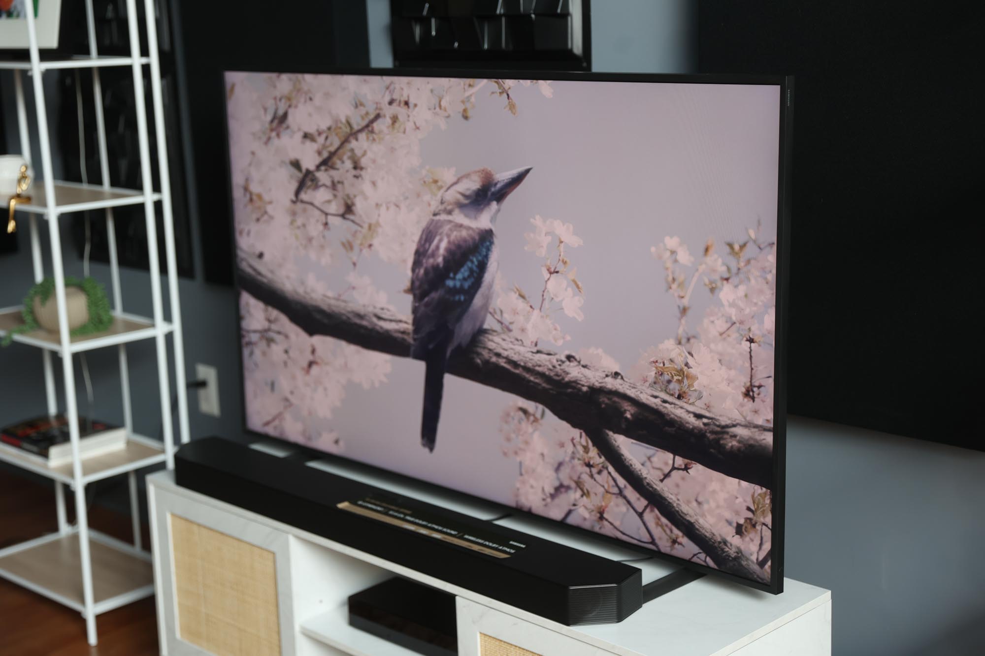 The Samsung 990D soundbar in front of the Frame TV