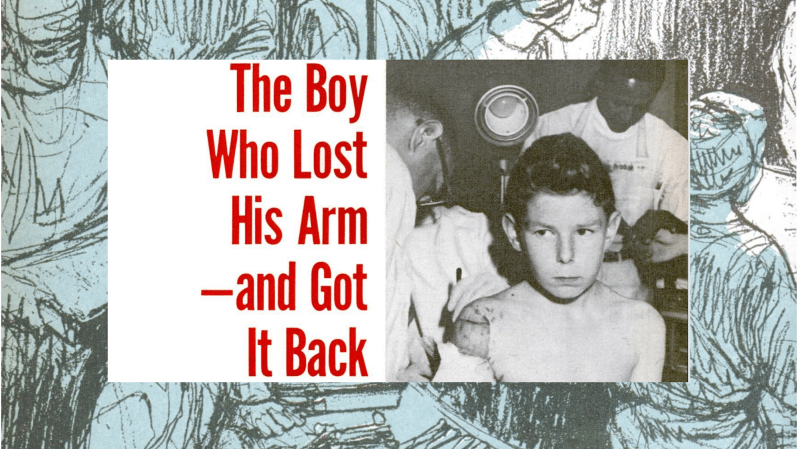 photo of young boy on an illustrated backdrop with the words "The boy who lost his arm--and got it back"