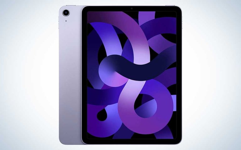 A lilac 5th generation iPad Air on a plain background.