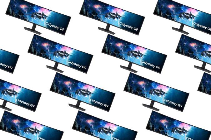 The Samsung G9 curved gaming monitor on a plain background.