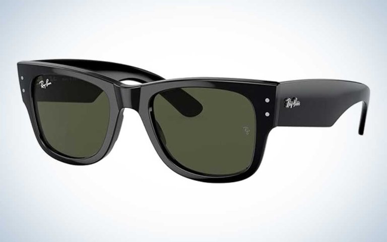 A pair of black Ray-Ban Mega Wayfarer Sunglasses on a plain background.