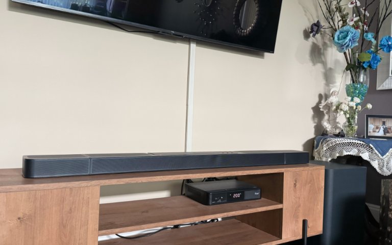 JBL Bar 1300X in an entertainment center.