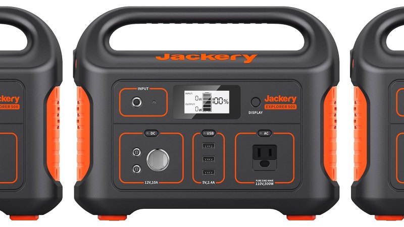 Jackery solar generators in a row on a plain background