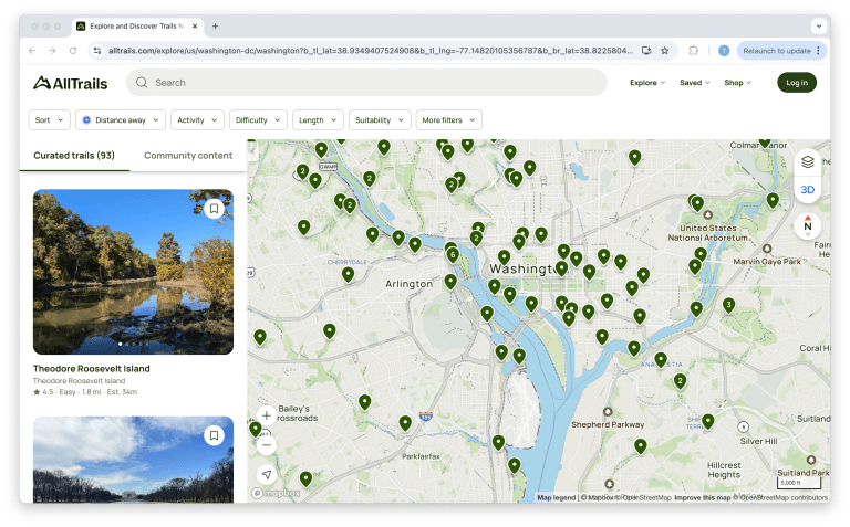 A screen capture of AllTrails in a browser window