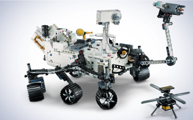 LEGO Technic NASA Mars Rover Perseverance on a plain white background.