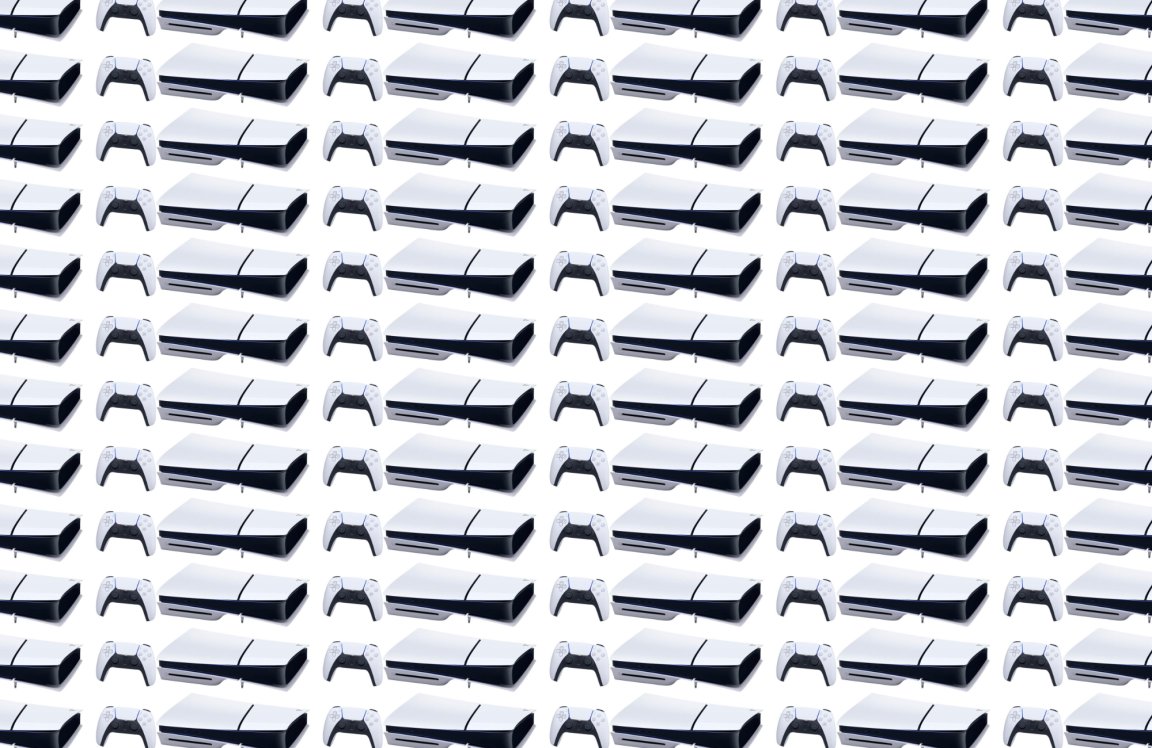 PlayStation 5 Slim in a tiled configuration.