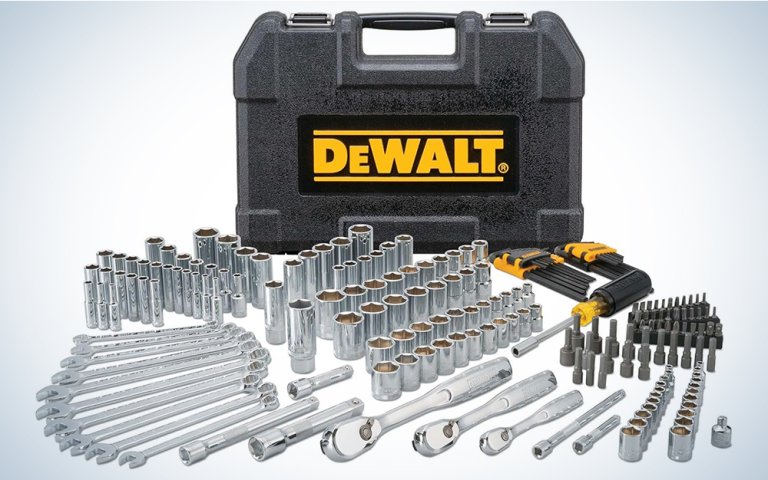 A DeWalt Mechanics Tool Set with all the tools laid out in front of the case