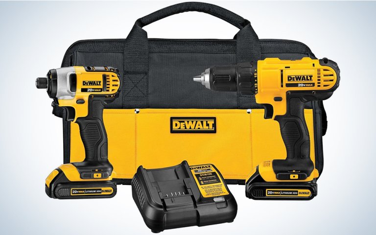 A DeWalt driver and drill in front of their carrying bag on a plain background