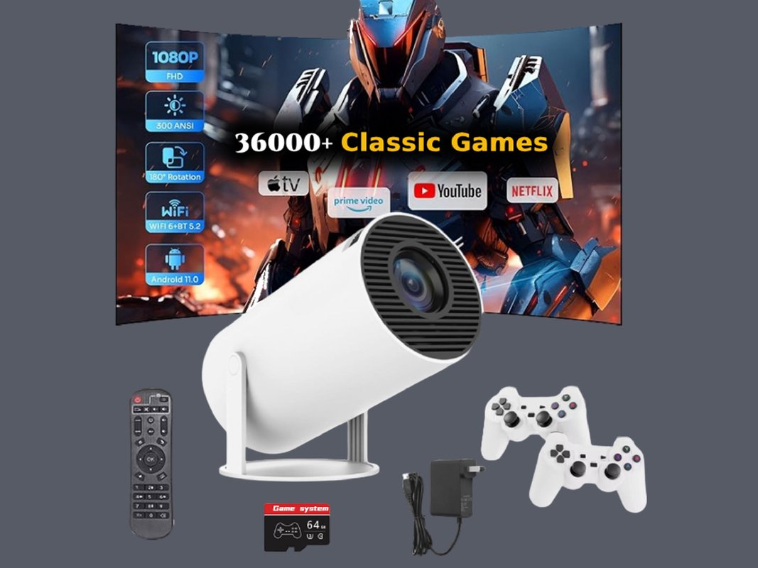 An Android movie projector with built-in games on a plain background.