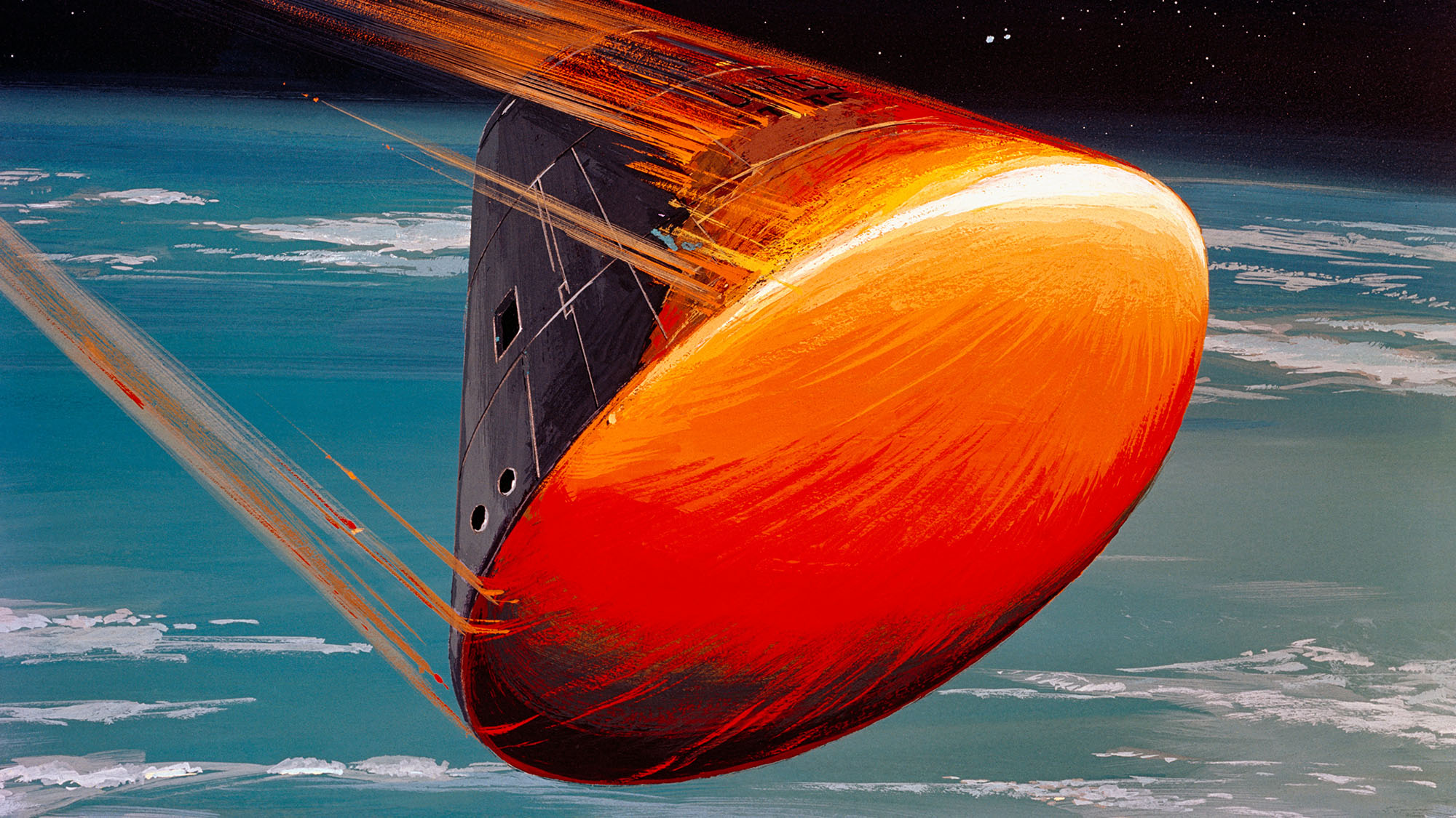 As this illustration of the Apollo VIII command module reentering Earth shows, heat shields protect the crew capsule from high temperatures