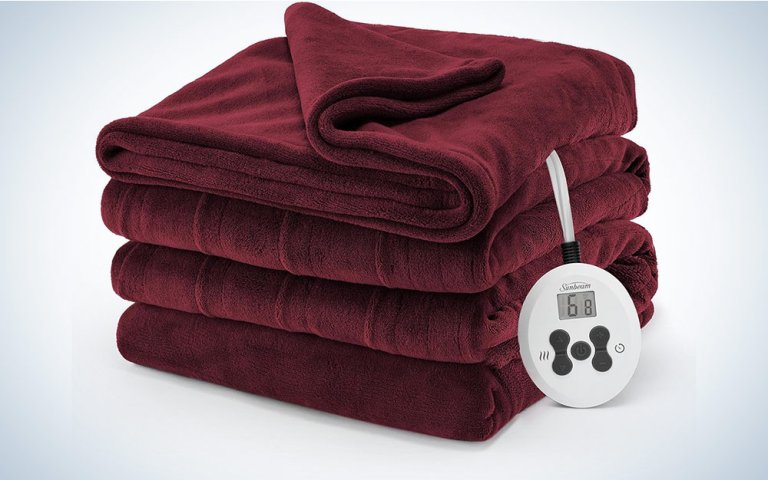 A folded Sunbeam warming blanket on sale for Cyber Monday