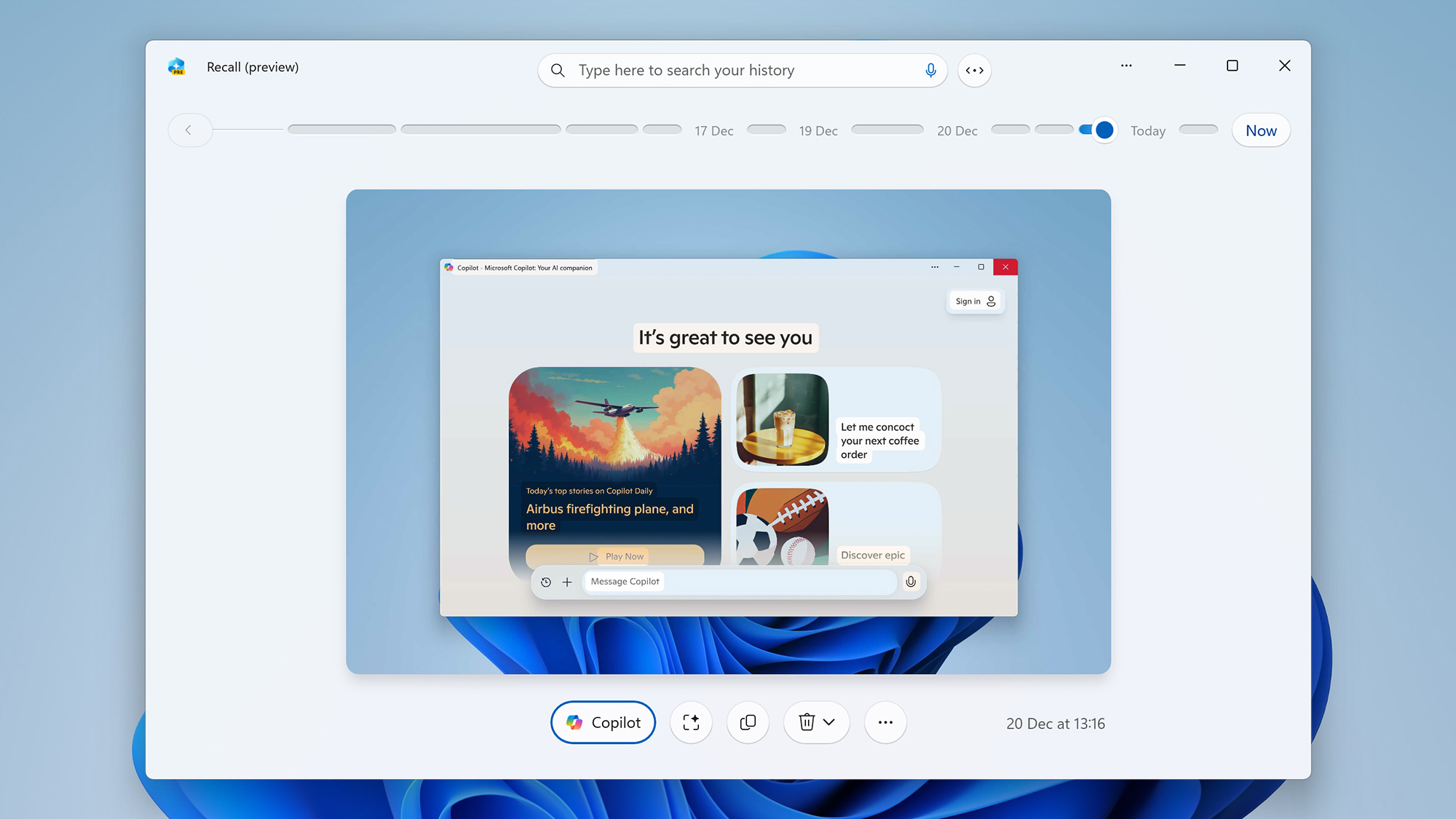 screenshot of copilot history