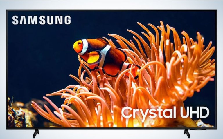 Samsung 85-inch Crystal UHD TV with a fish on the screen