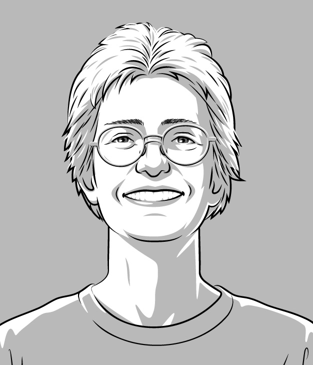 black and white illustration of a woman with short hair and glasses