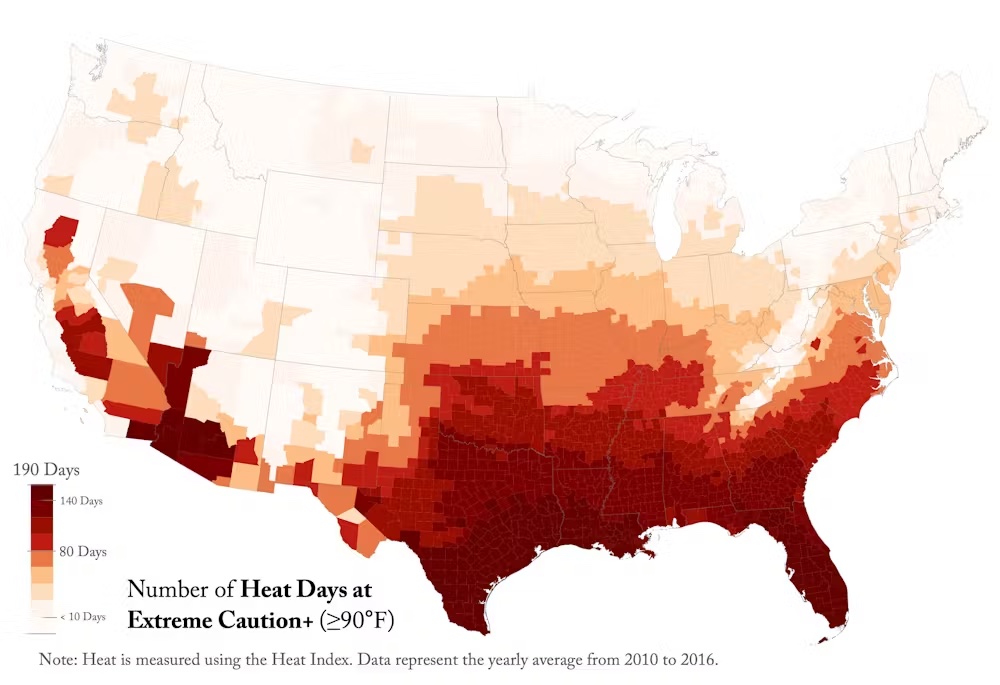 map of united states with areas of extreme heat days