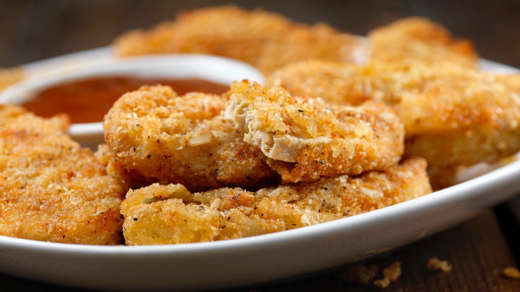 Vegan, Meatless-Plant Based Protein Chicken Strips with a Seven Grain Coating and Fries