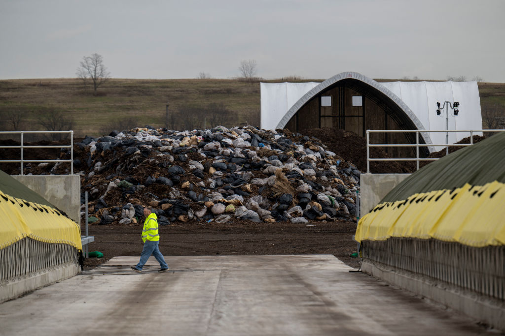 A worker walks past piles of collected leaves at the New York City Department of Sanitation (DSNY) Staten Island Compost Facility on January 4, 2024 in New York City. In a landmark move, New York has started to roll out large-scale organic waste collection across the city. But the process has upset many of the local groups that previously took care of composting, which are now facing funding cuts. (Photo by ANGELA WEISS / AFP) (Photo by ANGELA WEISS/AFP via Getty Images)