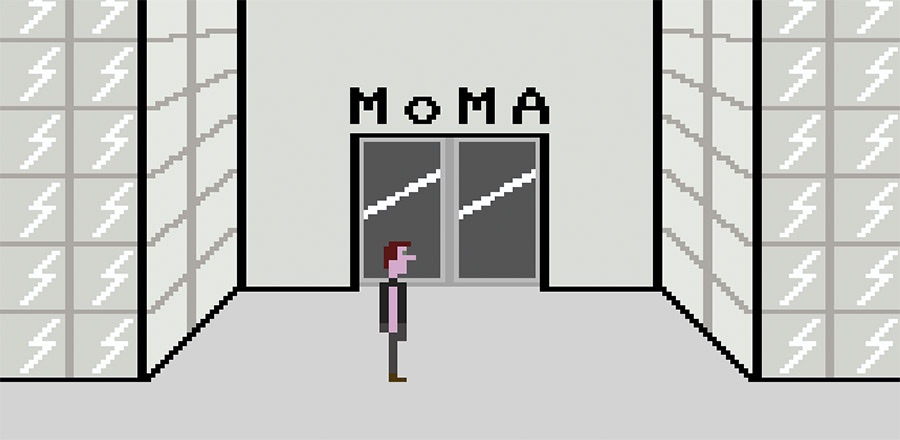 video game version of man walking into MoMA