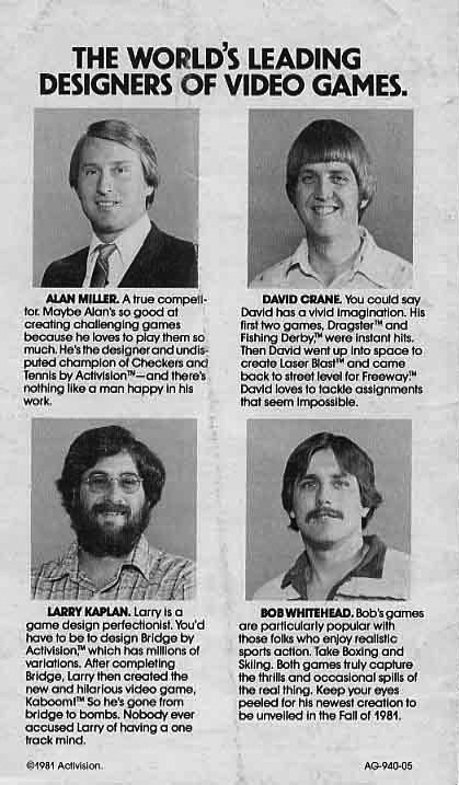 four men: Alan Miller, David Crane, Larry Kaplan, and Bob Whitehead under the text "the world's leading designers of video games