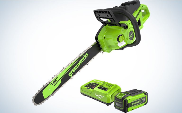 Greenworks electric chainsaw on a plain background on sale at Amazon