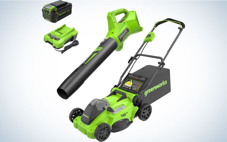 Greenworks electric blower, batteries, and mower on a plain background on sale at Amazon